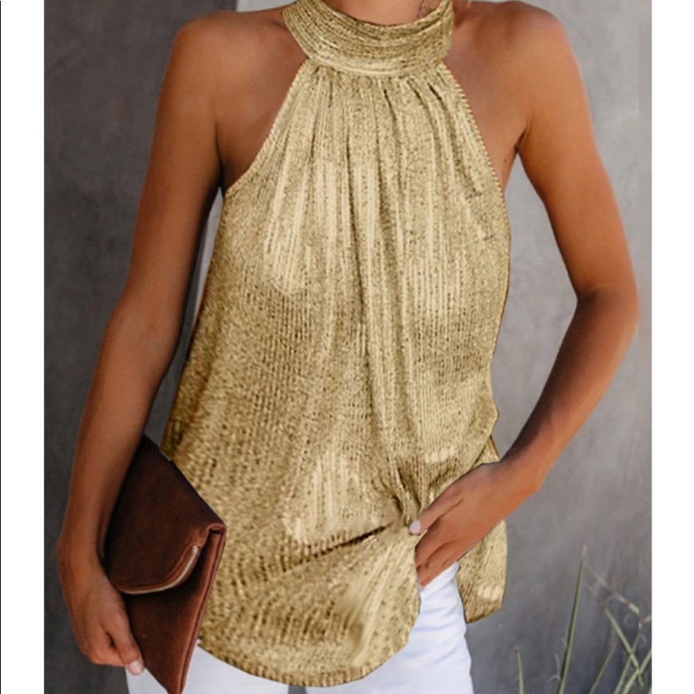 YOINS Gold Halter Neck Tunic Top